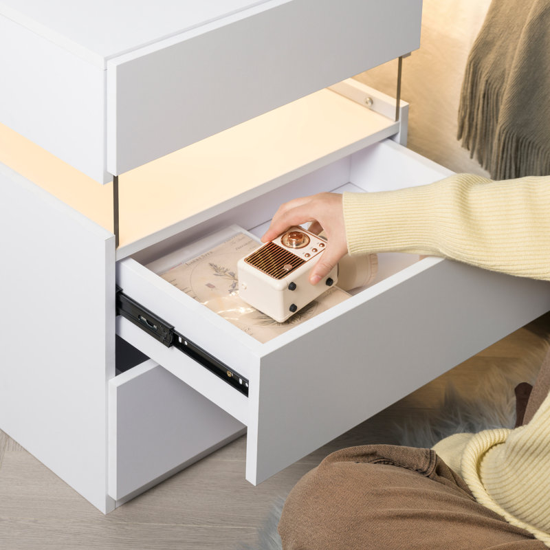 Table de chevet moderne à 3 tiroirs à DEL moderne avec éclairage doux, Blanc