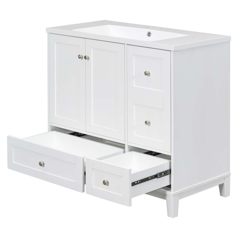 Meuble-lavabo moderne simple avec lavabo, chargement USB, 2 portes et 3 tiroirs, Blanc