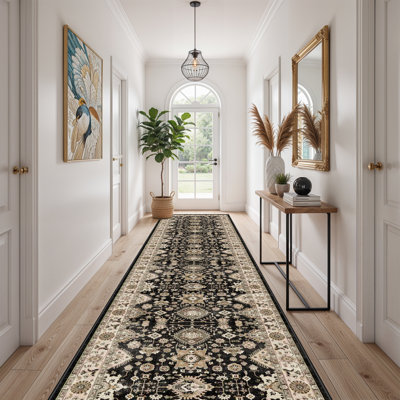 Tapis de couloir lavable: Tapis antidérapant avec envers en caoutchouc Tapis de cuisine doux Tapis de ferme patiné pour le salon, la chambre et la salle de bain (noir)