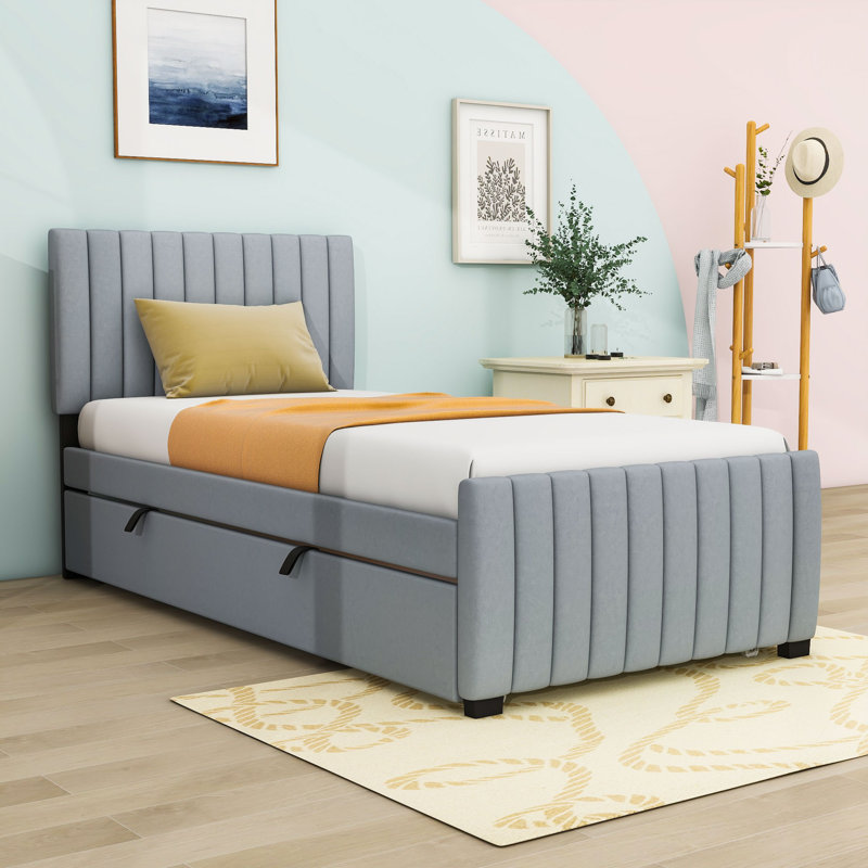 Twin Upholstered Platform Bed with Trundle, Gray