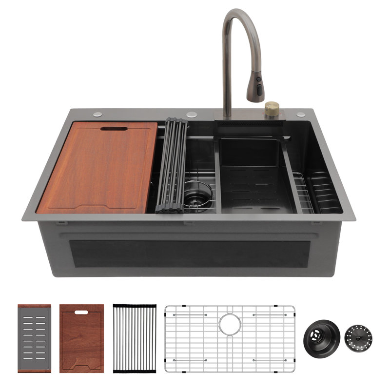 33" Drop-In Matte Black Stainless Steel Kitchen Sink with Waterfall Faucet