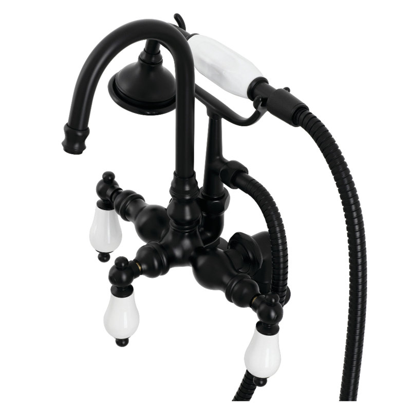 Kingston Brass Aqua Vintage Three-Handle 2-Hole Deck Mount Clawfoot Tub Faucet with Hand Shower, Matte Black