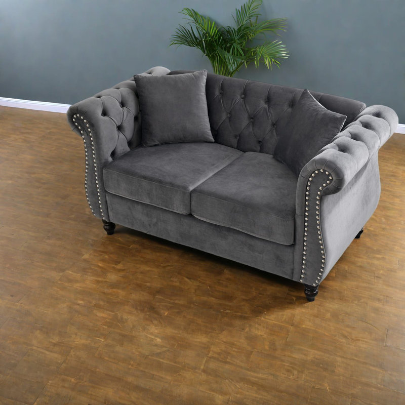 Causeuse Chesterfield à compression en velours gris 58,8 po pour la maison