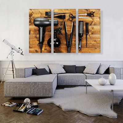 Hair Salon Tools Equipment - 3 Piece Wrapped Canvas Print