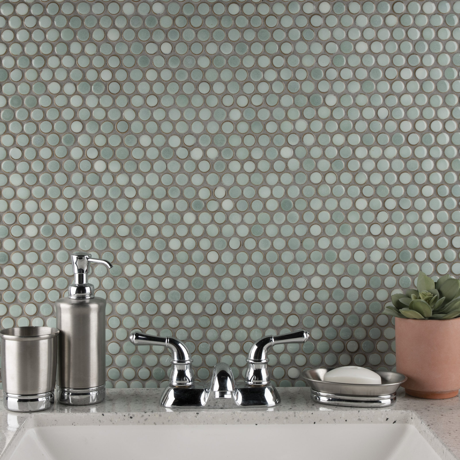 Hudson Penny Round 11-7/8 " x 12-5/8 " Porcelain Mosaic Floor & Wall Tile, Mint Green