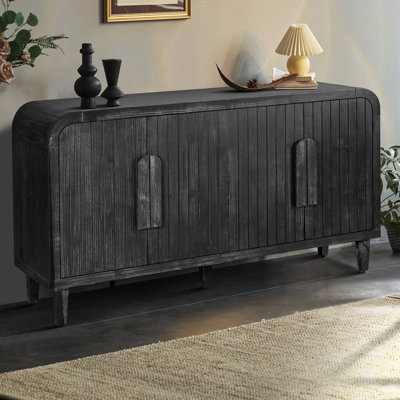 Farmhouse Curved Vintage Storage  Sideboard with  Large Wooden Handles, Vertical Wood Grain Carving and Adjustable Shelves