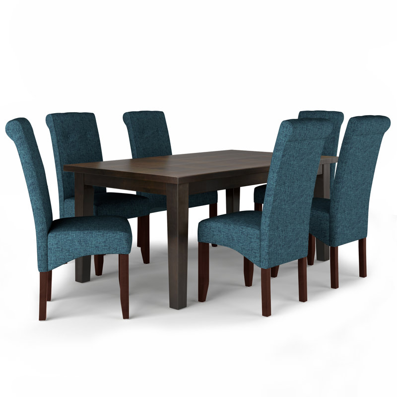 Cosmopolitan / Eastwood 7-Piece Contemporary Dining Set with Solid Hardwood Table and 6 Upholstered Chairs, Denim Blue