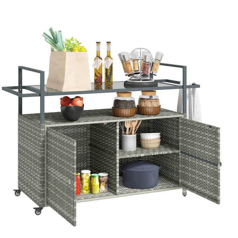 Table de bar d'extérieur en osier avec tablette à 2 niveaux et armoire