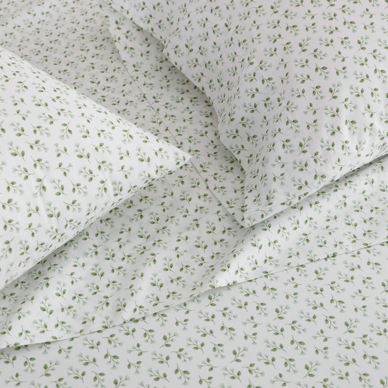 Martha Stewart Cotton Percale  Sheet Set, Twin Sheet Set with 1 Pillowcase, Kennedy Floral Green