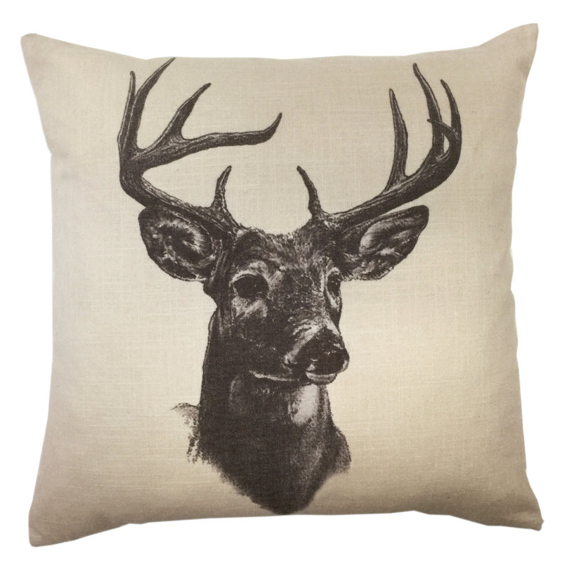 18" Cream Faux Linen Embroidered Deer Throw Pillow