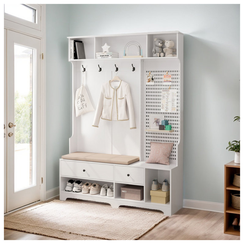 Arbre d'entrée multi-usages avec banc de rangement, portemanteau, panneau perforé et coussin en lin amovible - Organisateur de couloir pour le salon