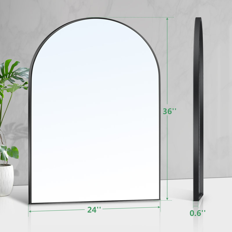 Miroir de salle de bain arqué avec cadre en aluminium et verre incassable, Noir, 36 po x 24 po