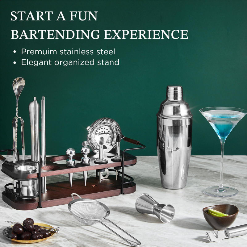 Ensemble barman à cocktail avec support | Ensemble de bar 24 pièces complet avec tous les accessoires de bar: Martini Shaker, Jigger, Muddler | Ensemble de mélangeur de boissons pour les cocktails maison