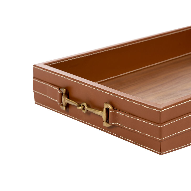 Buckley Leather / Faux Leather Decorative Tray, Tan/Walnut