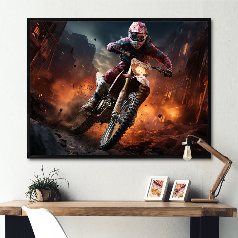 Motocyclette orange et noire - art sur toile, Cadre flottant noir, H 12 po x l 20 po x P 1 po