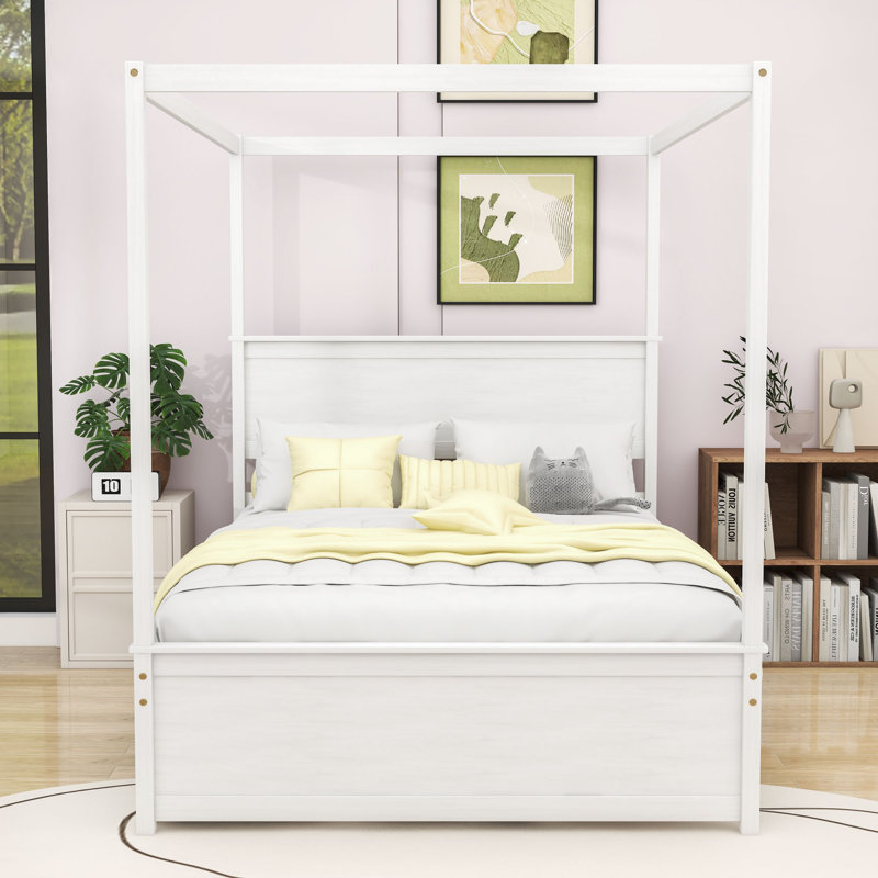Lit double à baldaquin en bois avec lit gigogne simple et pieds centraux