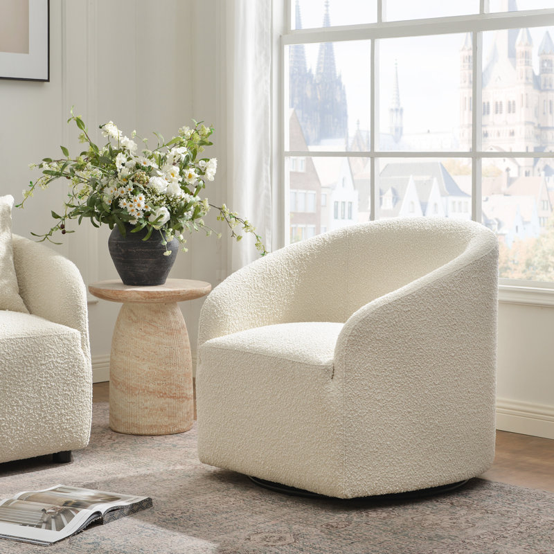 Deans 32" Wide Boucle Upholstered Swivel Barrel Chair, White