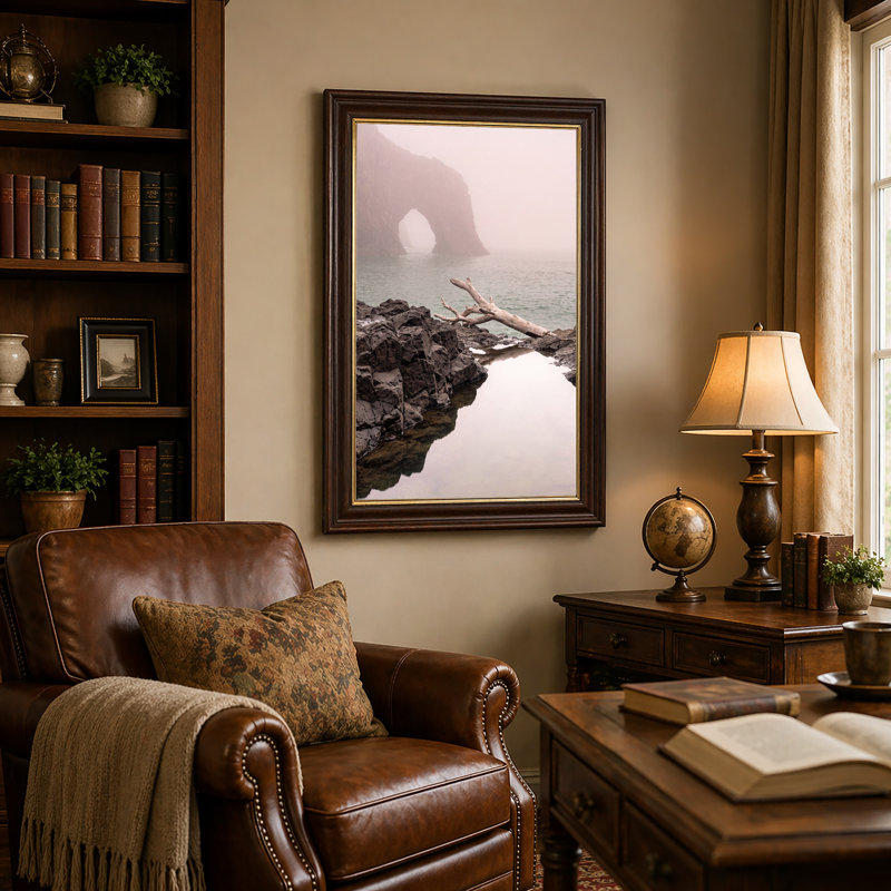 Art mural sur toile Misty Coastal Arch and Driftwood on Rocks, 18"H x 12"W