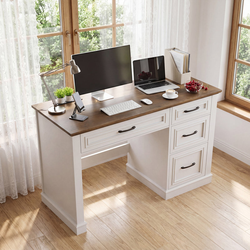 Farmhouse 47" Executive Desk With Charging Station, Brown/White