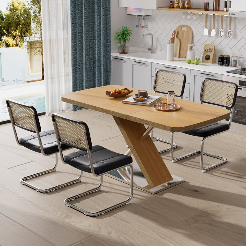 Modern Expandable Space-Saving Dining Table Set, Black, Natural