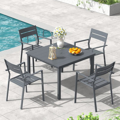 Patio dining set with Square Metal Dining Table and 4 Stackable Metal Armrest Chairs