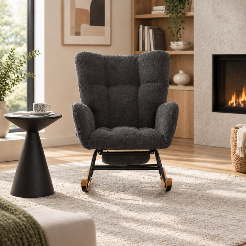 Ensemble chaise berçante et repose-pieds en polaire grise avec poche de rangement intégrée dans l'accoudoir