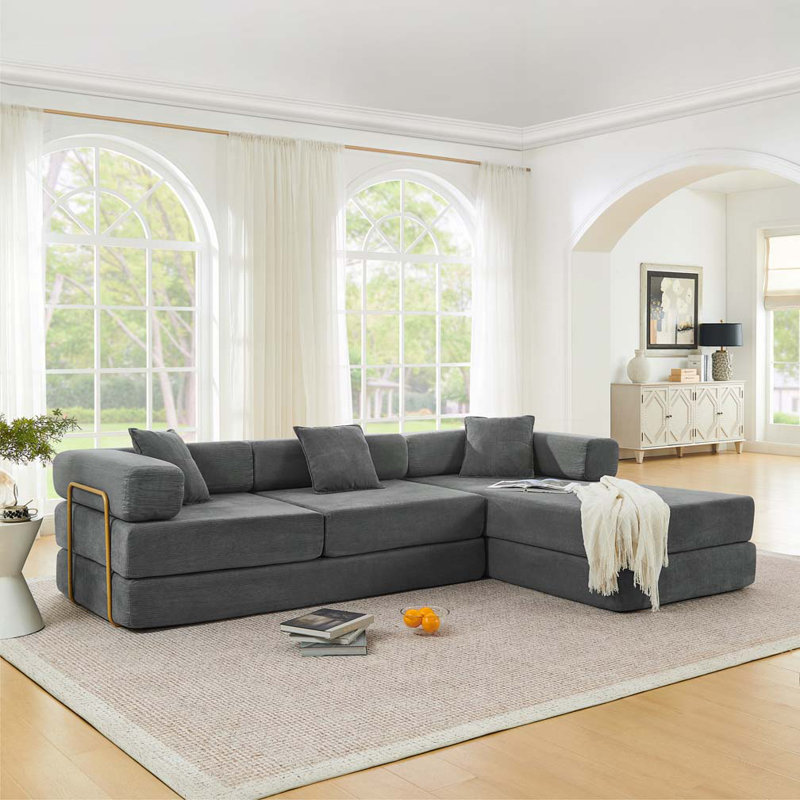 Canapé modulaire Corduroy à assise profonde de 108 po, aucun assemblage requis, Gris