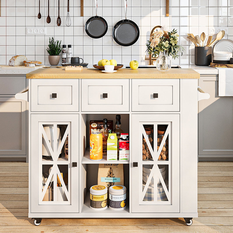 Farmhouse Style 41.3’’ L Wooden Mobile Kitchen Island With Drop Leaf Countertop, Rolling Kitchen Cart With Storage Cabinets, Drawers And Side Racks For Home Kitchen And Dining Rooms