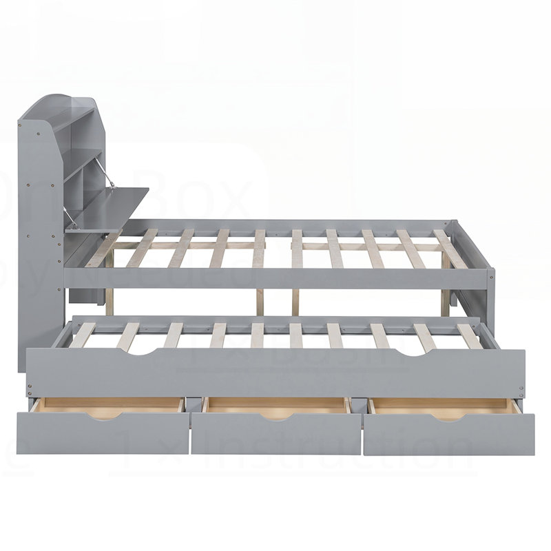 Lit multifonctionnel avec rangement dissimulé, éclairage DEL et prises USB pour les chambres modernes, Gris, Lit double