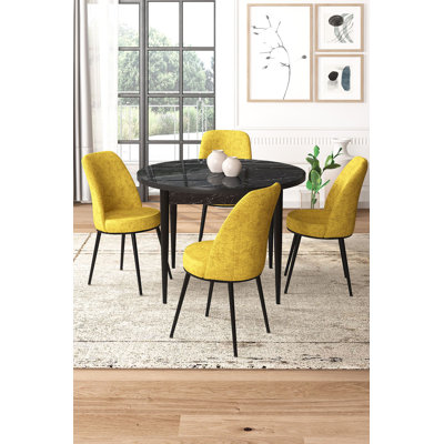 Modern 5-Piece Dining Table & Chairs Set, Black Marble & Mustard | 100% Melamine Coated Chipboard, Table: 35.4 x 29.5 x 35.4 in, Chairs: 17.7 x 35.8 x 16.5 in | Metal Legs, Comfortable Foam Seats, Elegant Design for Contemporary Dining Spaces