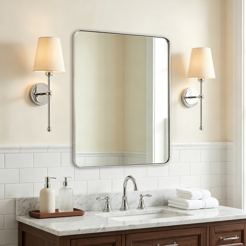 Inse Modern Rounded Rectangle Bathroom Vanity Mirror | Stainless Steel Frame, Polished Chrome, 30" x 24"