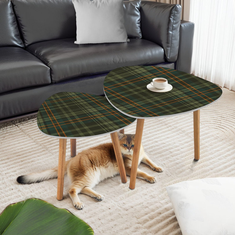 Ensemble de 2 tables basses gigognes à motif écossais à chevrons écossais brun et vert pour flanelle Ensemble de tables d'appoint minimaliste moderne