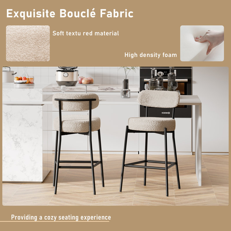Sherpa Counter Height Bar Stools Set of 4 Modern Upholstered Barstools with Curved Open Back/Round Seat Boucle Comfortable Bar Chairs for Kitchen Island, 24.6 Inch