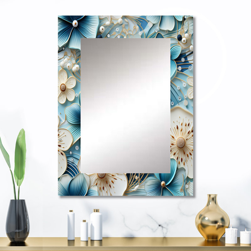 Fleurs bleues et blanches Argeniz Simplicity - miroir floral, miroir mural décoratif de campagne, impression d'art en métal
