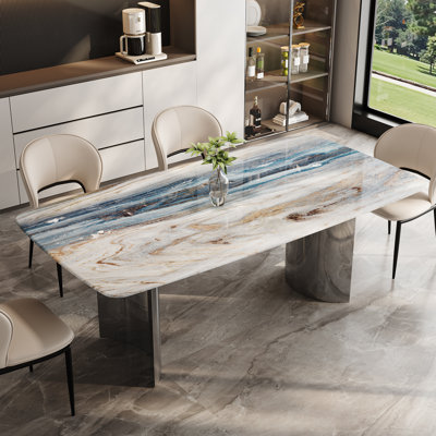 Modern 63" Rectangular Dining Table with Sintered Stone Top, Stainless Steel Base, 6-Person Kitchen Table, 250lb Load Capacity Kitchen Table