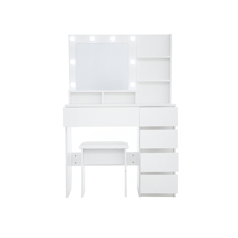 Coiffeuse, ensemble de coiffeuse avec miroir et lumière, beaucoup de rangement pour coiffeuse, 3 modes d'éclairage avec luminosité réglable, blanc avec tabouret