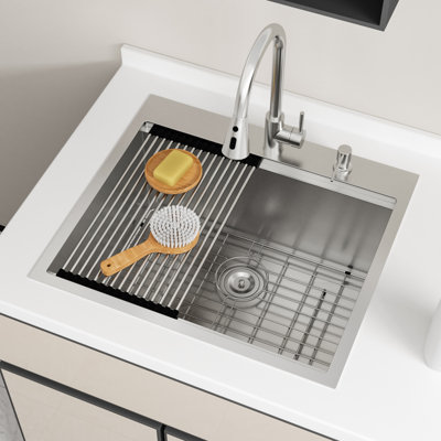 25" L x 22" W x 12" H Drop-In Laundry Utility Workstation Sink Large  Deep Single Bowl Stainless Steel Topmount Kitchen Sink Capacity Yard Sink with Faucet.
