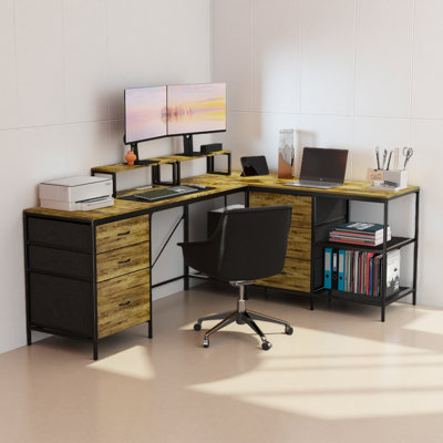Bureau en L 113,7 po avec concentrateur électrique, bureau de jeu industriel - 6 tiroirs, support pour écran amovible