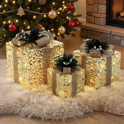 3-Piece Battery-Operated Pre-Lit Christmas Gift Box Set with Warm White LED Lights for Outdoor Holiday Decor
