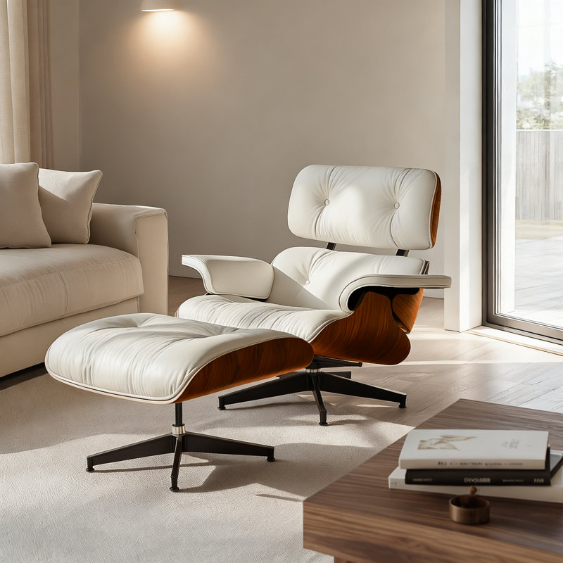 Méridienne Mid-Century en cuir véritable avec repose-pieds, base de support robuste, fauteuil inclinable rembourré pour la chambre d'étude du salon