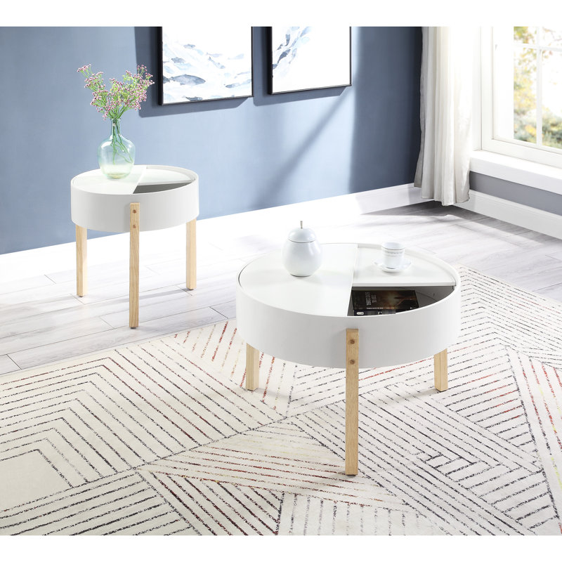 Table d'appoint ronde - blanche et naturelle avec rangement caché et pattes en option