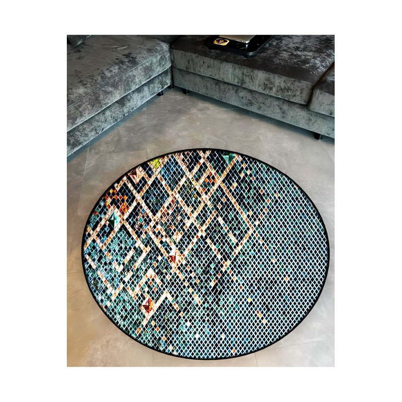 Tapis bleu lavable à motif géométrique rond, Rond 3 pi 3 po