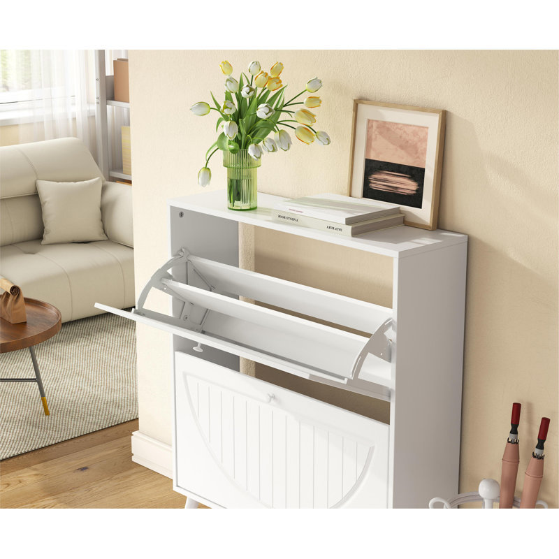 Space-Saving Tipping Bucket Storage Cabinet, Narrow Design With Carved Details, Solid Wood Legs, Anti-Tip Kit Included, For Small Spaces