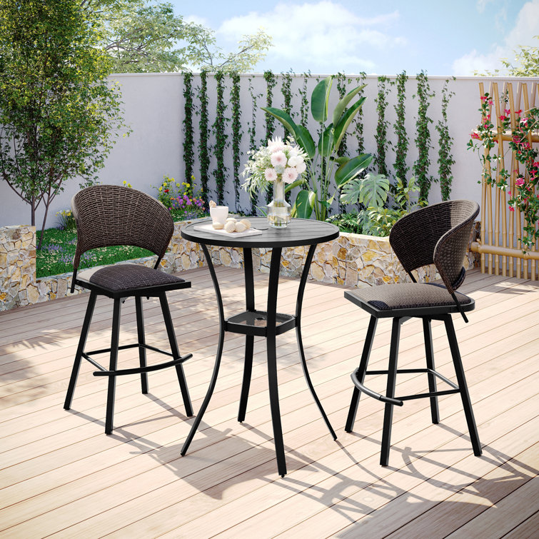 3-Piece Outdoor Bistro Set with Round Bar Table and Wicker Padded Swivel Bar Chairs