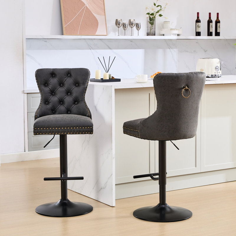 Chaises de bar réglables en cuir d'unité centrale, dossier confortable pour la maison et le pub (noir, 2 avec hauteur, Noir