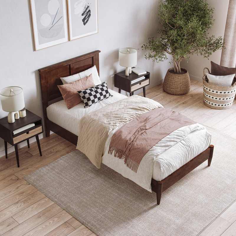 Amandah Low Profile Solid Wood Panel Bed, Twin XL, Walnut