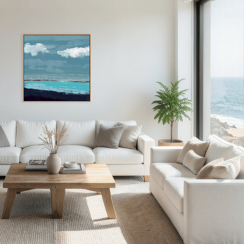 Coastal Retreat Radiant Horizons: Abstract Seascape, 36" H x 36" W x 2.375" D, Framed Canvas, Beige