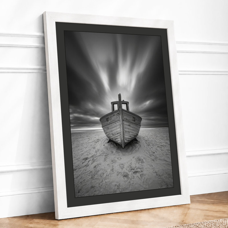 Beached Boat at Dawn Coastal - Framed Print, A3 - 42.0 x 29.7 cm, White