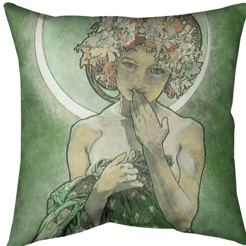 Housse de coussin alphonse mucha moon star, 20 po x 20 po, Vert, Sergé de coton
