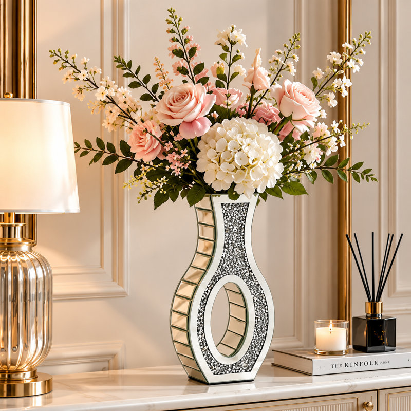 30cm Silver Crushed Crystal Mirrored Glass Table Vase with Oval Cut-Out